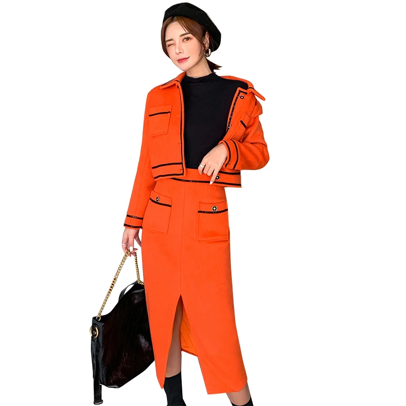 

Retro Fashion Suit Single Breasted Lapel Short Jacket+high Waist Split Bodycon Skirt Two Piece Set Spring Clothing for Women