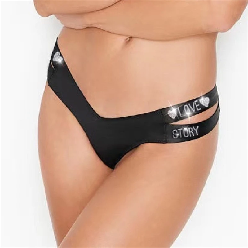 

women's thongs Heart-shaped LOVE secret rhinestone elastic band sexy thongs t-pants Half buttocks ice silk thongs ladies