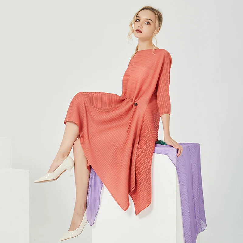 Женское длинное плиссированное платье трапеция miяка свободное облегающее