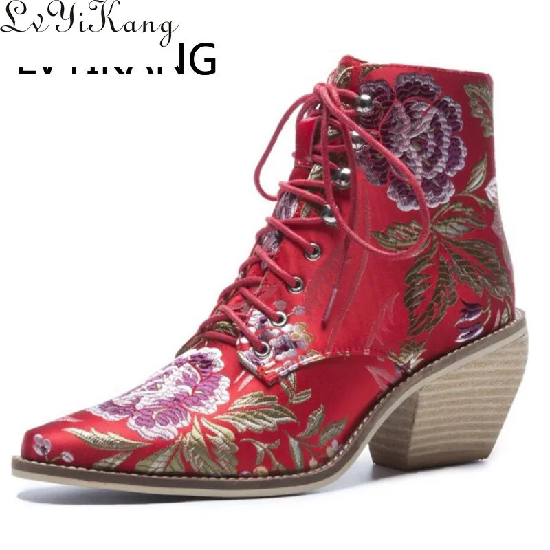 Женские короткие ботинки на шнуровке Элегантные ботильоны с цветочной вышивкой