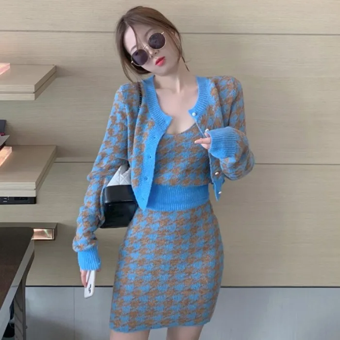 

INS Fashion Houndstooth Blue Knit 3 Piece Sets Women Fall Winter Plaid Jacket + Vest + Bodycon Mini Skirts Short Sweater Outfits