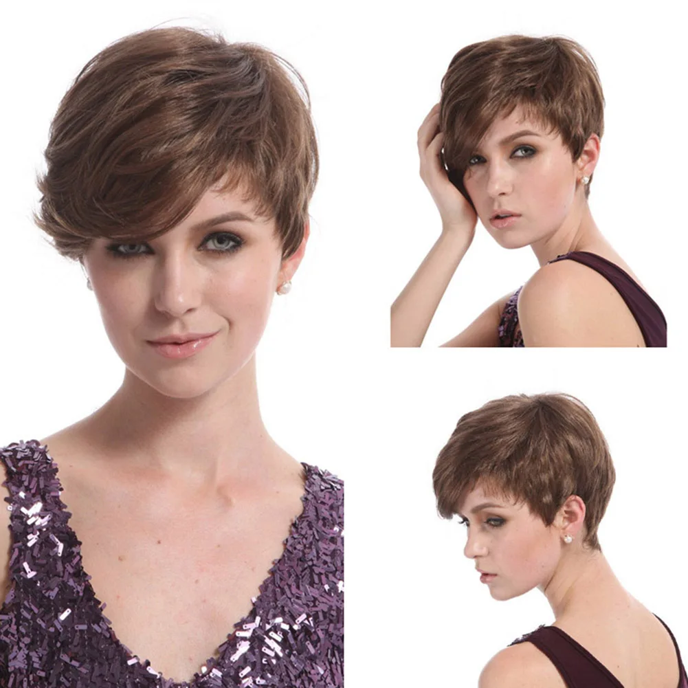 

2021 Short Wigs(Chestnut) For Women Side Bangs Natural Look Synthetic Hair For Cosplay Costume