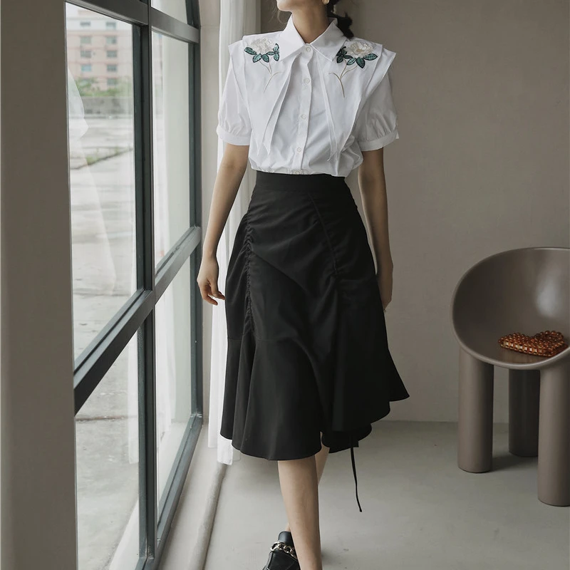 

Embroidered Blouse Women Summer Short Sleeved Double Collar White Shirt Loose Design White Vintage Elegant Button Up Top