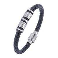 classic black braided leather bracelet men vintage jewelry hexagon magnetic buckle stainless steel hand bangles male gift sp1170