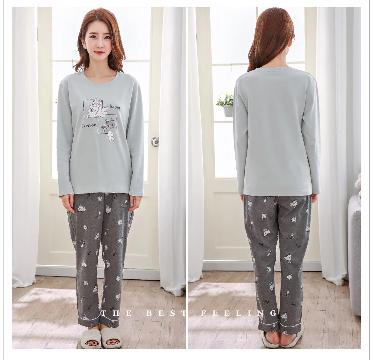 Пижамные комплекты для женщин с круглым вырезом Pijama Mujer пижама с длинным рукавом весенняя Хлопковая пижама Femme Повседневные наборы пижам комплект из двух предметов