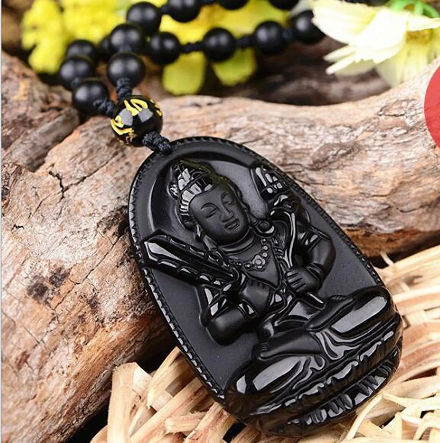 LETSFUN Изящные Ювелирные изделия натуральный обсидиан авалокитествара Будда