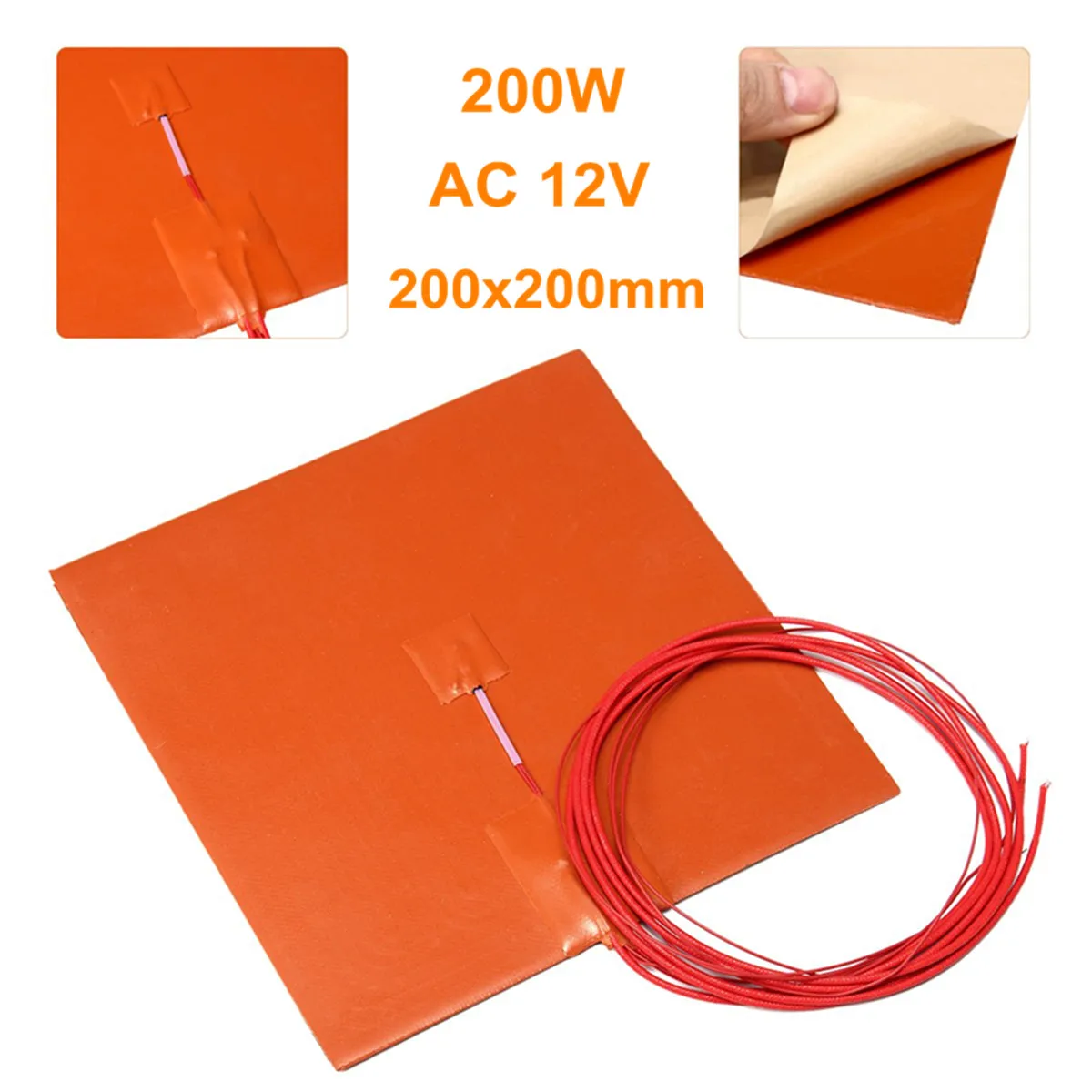 

20x20cm Flexible Waterproof Silicon Heater Pad Wire Electric Heating Pads For 3D Printer Part Heated Bed Heating Mat 200W 12V AC