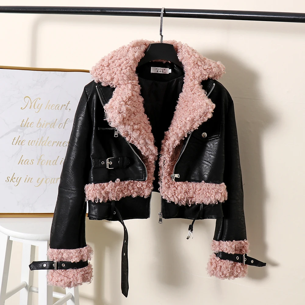 Manteau femme Лоскутная кожаная куртка из овечьей шерсти пальто для женщин осенне