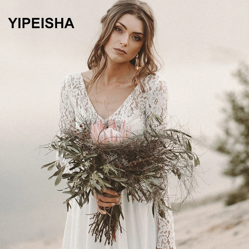 

Beach Dress Long Sleeve Boho V Neck Open Back Party Dresses 2021 Chiffon Princess Lace Prom Gown Blusones