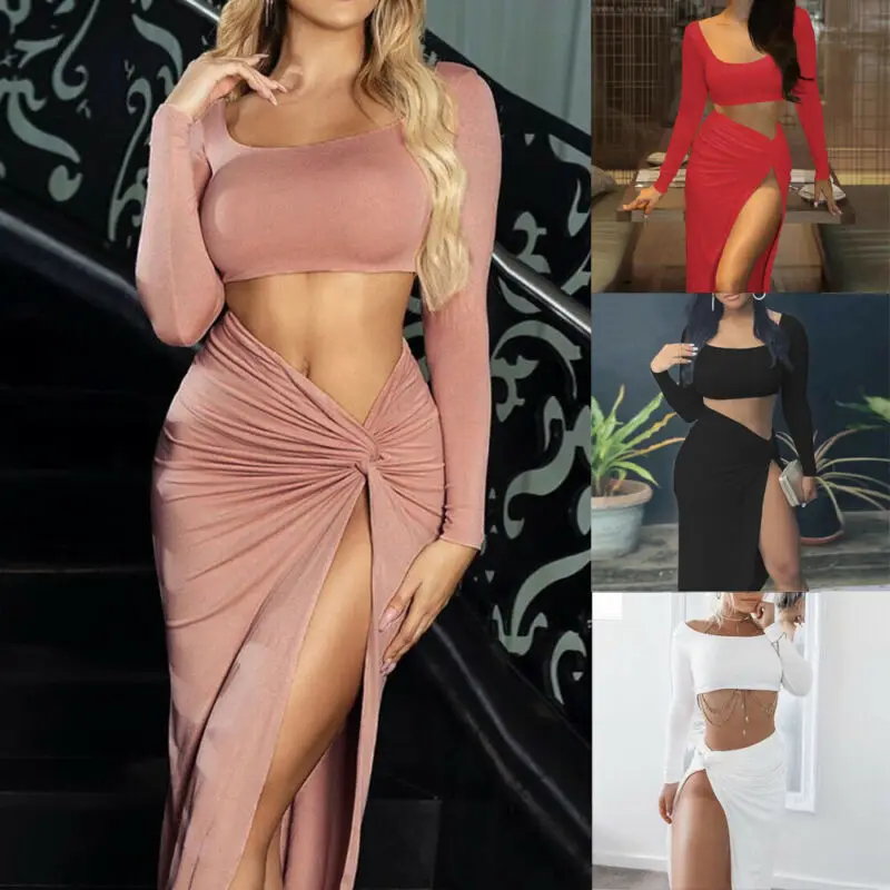 Комплект женский однотонный из топа с длинным рукавом и квадратным вырезом юбки