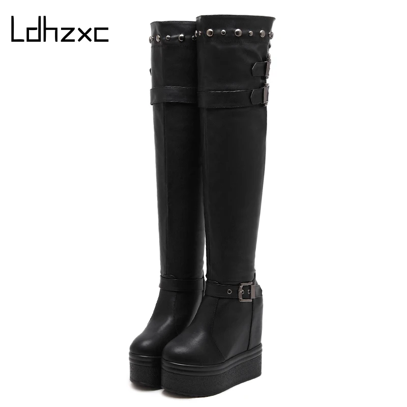 LDHZXCSexy/Сапоги выше колена с металлической пряжкой Черные узкие женские сапоги на