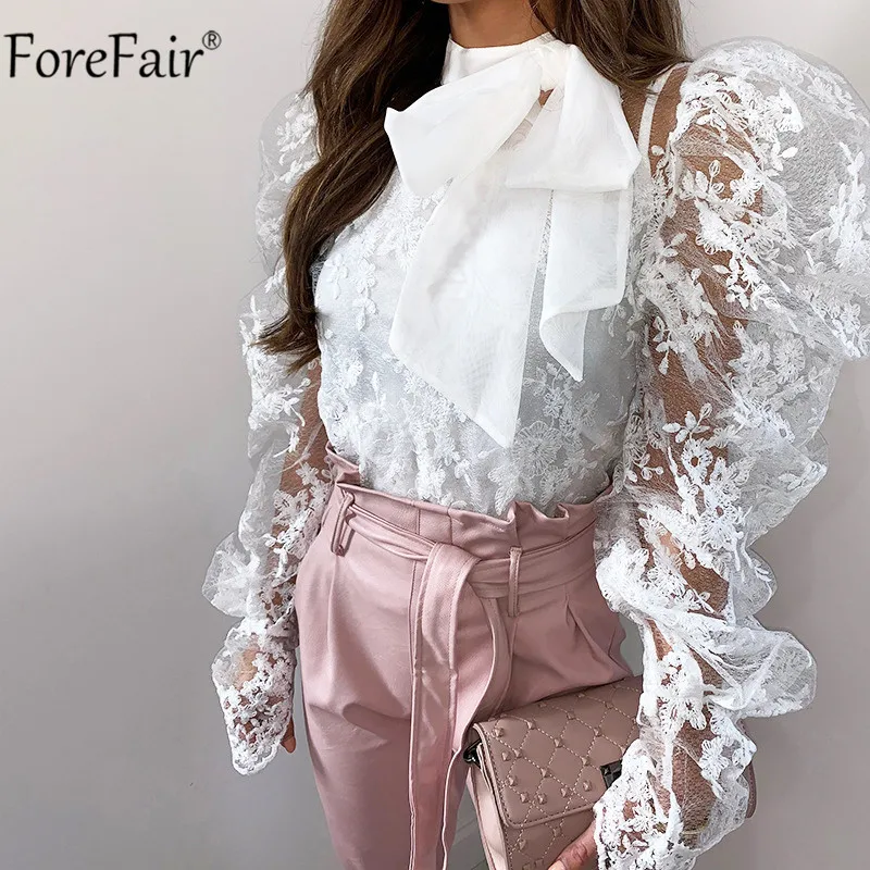 Forefair/белая кружевная блузка с длинными рукавами фонариками сезон весна лето