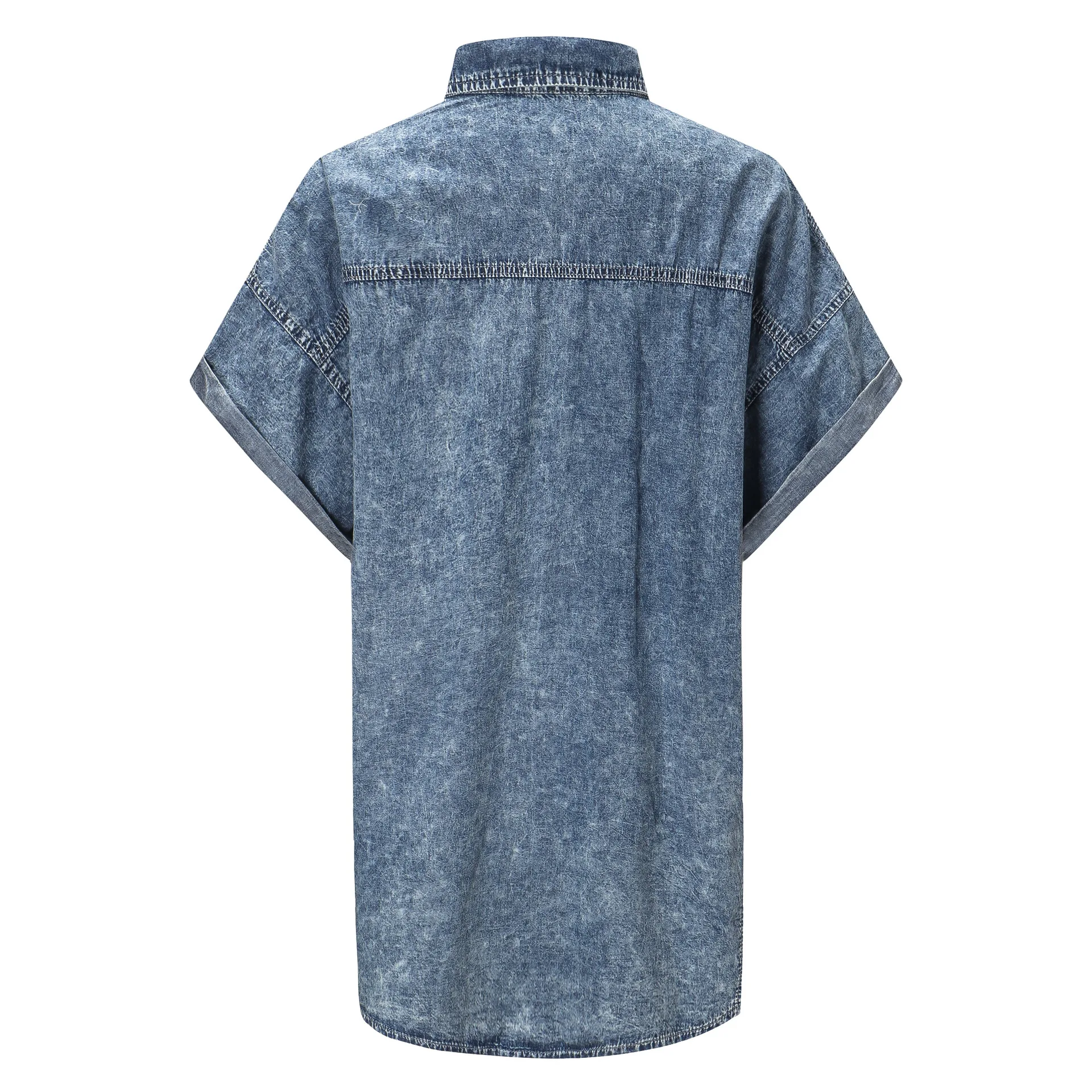 

Womens Tops and Blouses Summer Casual Short Sleeve Asymmetry Elegant Blouse Female Retro Loose Denim Shirt Camisas Mujer