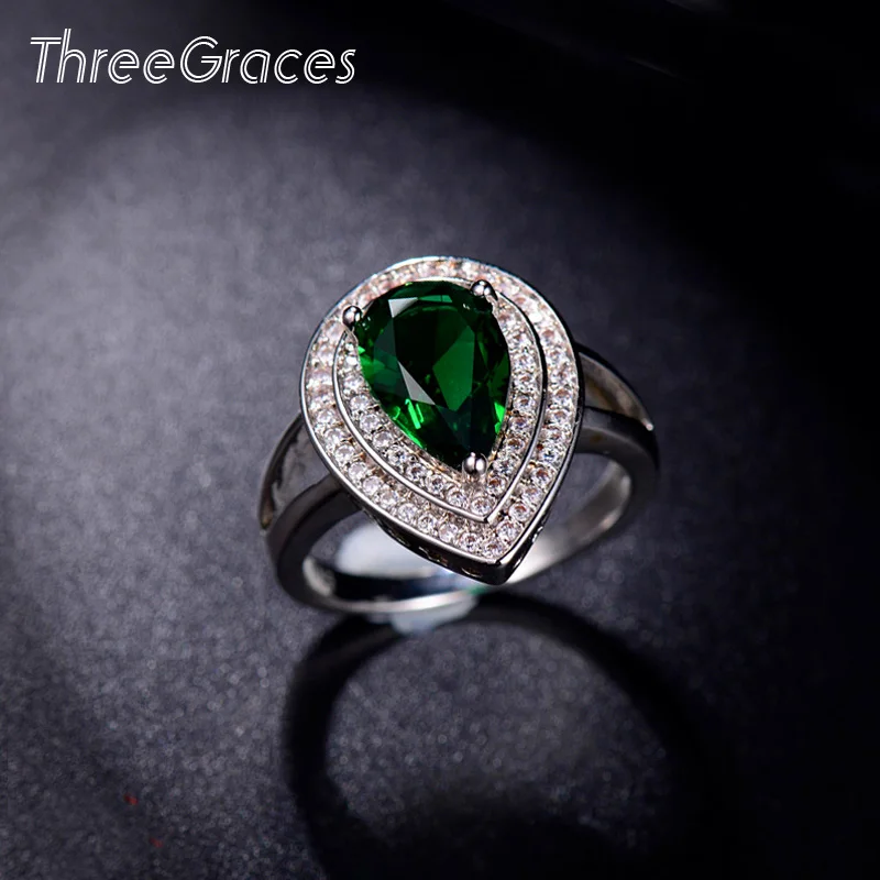 ThreeGraces классический большой грушевидной огранки темно-зеленый кубический цирконий микро CZ Halo обручальное кольца из серебра 925 пробы, ювелирные изделия для женщин RG059