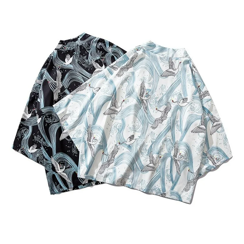 

Men Clothing 2021 Japanese Trendy Brand Crane Three-quarter Sleeve Loose Unbuttoned Men's Cloak Shirt Camisas Para Hombre
