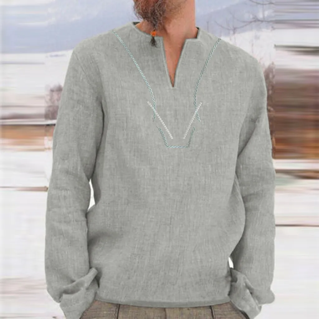 Мужские Мешковатые Ретро хлопковые однотонные рубашки с вышивкой длинным