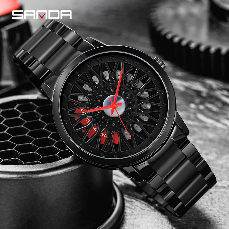 

SANDA New Sport Car Rim Hub Watch Unique Watch Men Luxury Sports Car Men Watches Quartz Waterproof Rim Hub Wheel Wristwatch