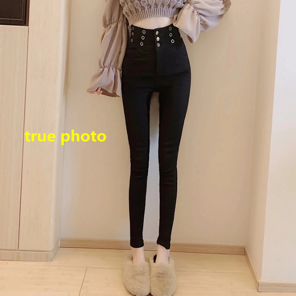 

Women's Button Fly High Waist Skinny Mom Pants Women Stretch Pencil Pants Female Casual Trousers Black Slim Stacked Leggings