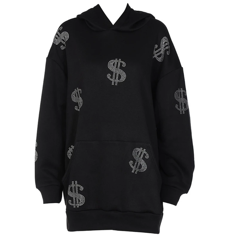 

New Women Gothic Punk Long Sleeve Hoodies Harajuku Glitter Rhinestone Dollar Pattern Sweatshirt Dress Oversized Loose Pullover