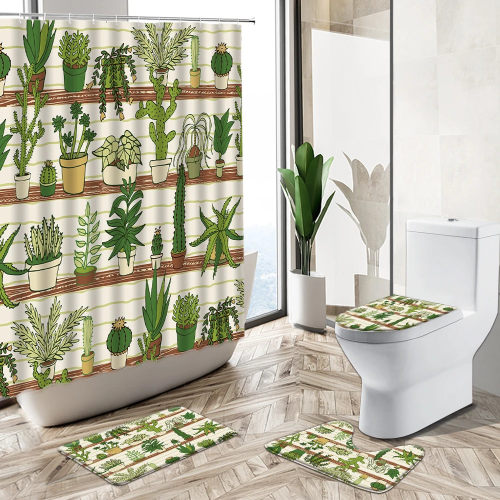 

Tropical Desert Green Plant Cactus Shower Curtain Flower Potted Plant Nordic Style Bath Mat Toilet Cover Flannel Bathroom Carpet