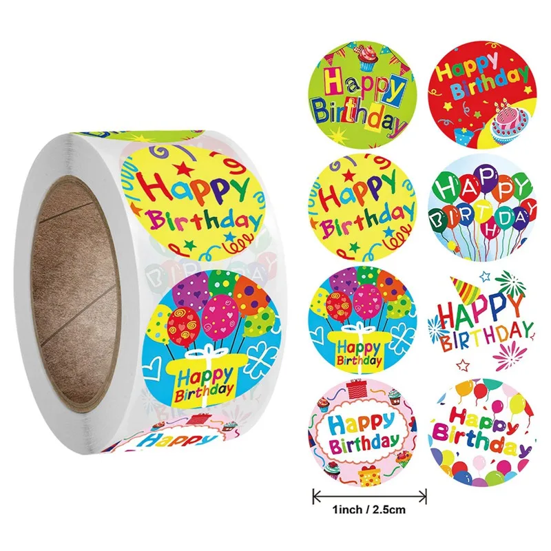 

Roll Round Happy Birthday Gift Label Sealing Sticker - A-148 / 2.5cm/1inch (500 Pieces/roll, 8 Patterns) DIY Gift Accessories
