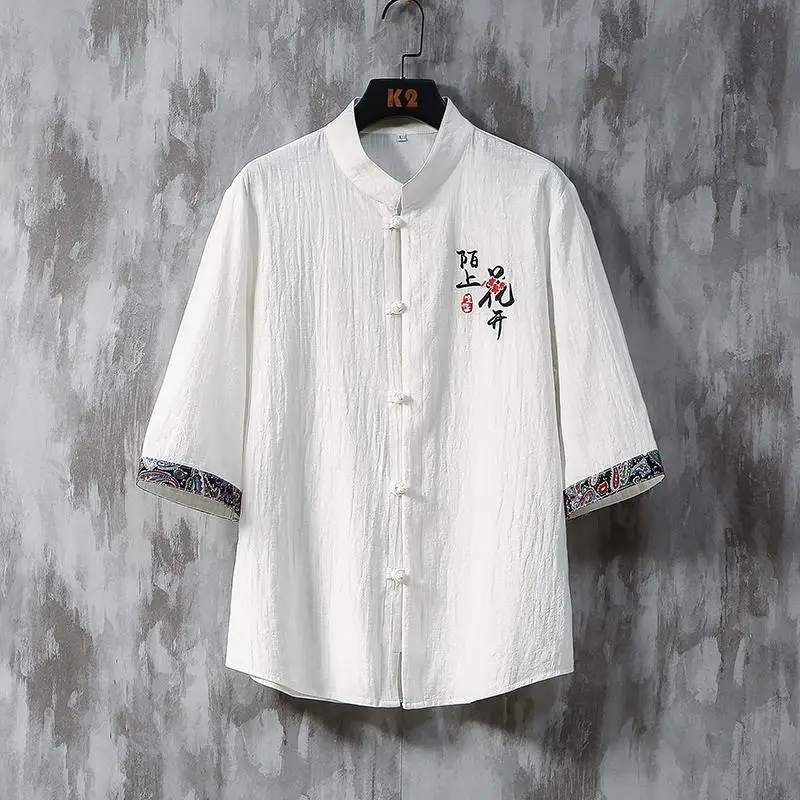 

Linen Shirt Men's Half-sleeved Kimono Tops Chinese Style Embroidery Shirt Retro Men Short-sleeved Thin Large Size Loose Japanese