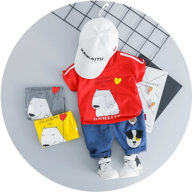

2021 Baby Summer Clothes Baby Boy Clothes Short-sleeved Shirt T-shirt + Shorts Love Dog Clothes 0-3Tred Gray Yellow