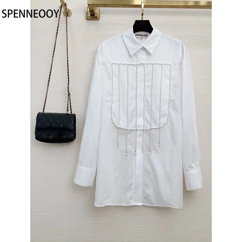 

SPENNEOOY Designer Brand Summer Cotton White Shirt Dress Women luxury Manual Beaded Mini Dresses
