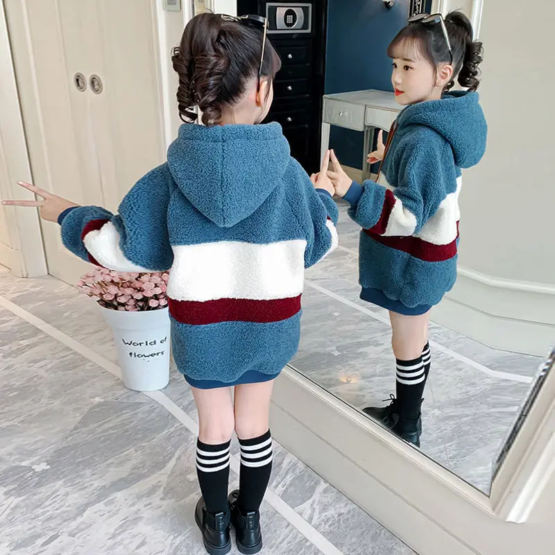 

Loose Blue Pink Winter Warm Clothes Girls Sweater Kids Plus Velvet Toddler Teens Tops Thicken Children Cute High Quality Christm