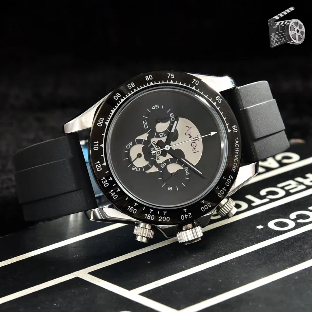 

Luxury New Men Japanese Quartz Black Rubber Bracelet Rose Gold Stainless Steel Watch Chronograph Sapphire Ceramic Skull