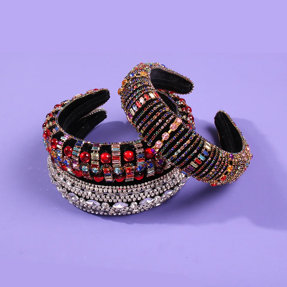 

MOFLO 2020 New Luxury Full Color Diamonds Padded Sponge Headband Hair Bands Baroque Wide Velvet Multicolor Crystal Hairband