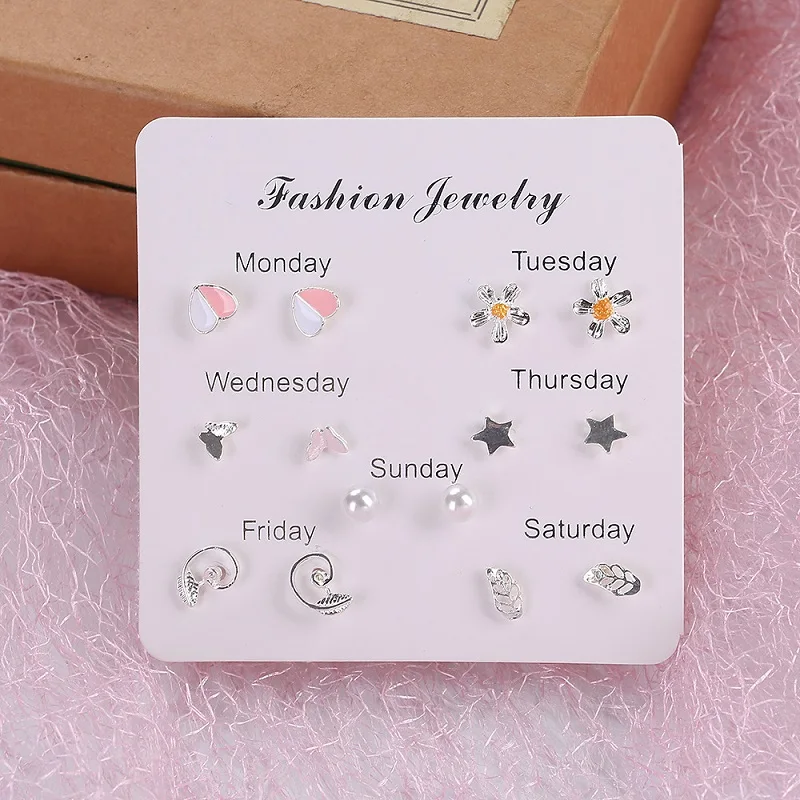 

7 Pairs of Week Wearing Earrings Combination Female Student Simple All-match Week Earrings Cute Personalized Small Jewelry