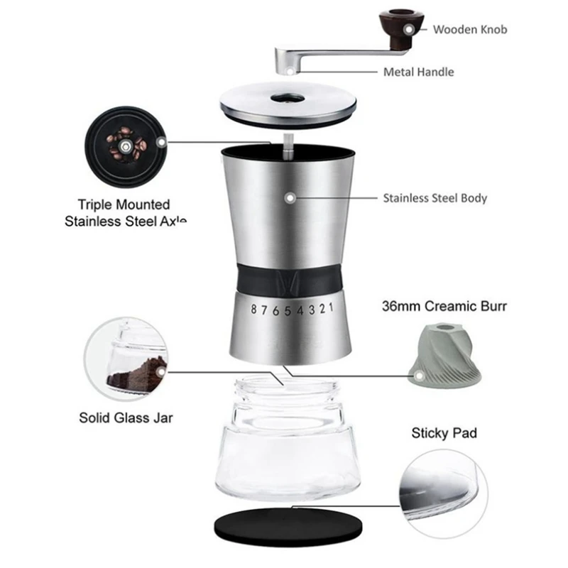 

Stainless Steel Manual Coffee Grinder - Conical Ceramic Burr - Portable Hand Crank Mill- 15 Adjustable Settings