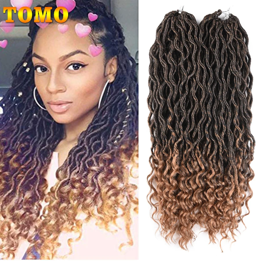 TOMO Wavy Faux Locs Crochet Hair Goddess Locs Synthetic Braids Hair Extensions Ombre Brown Color Braiding Hair With Curly Ends