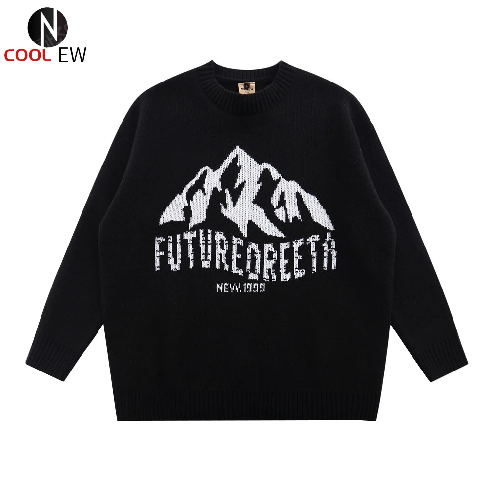 

Landscape Jacquard Sweater Mens Autumn Long Sleeve Knitted Sweater Casual Loose Crew Neck Pullover Men