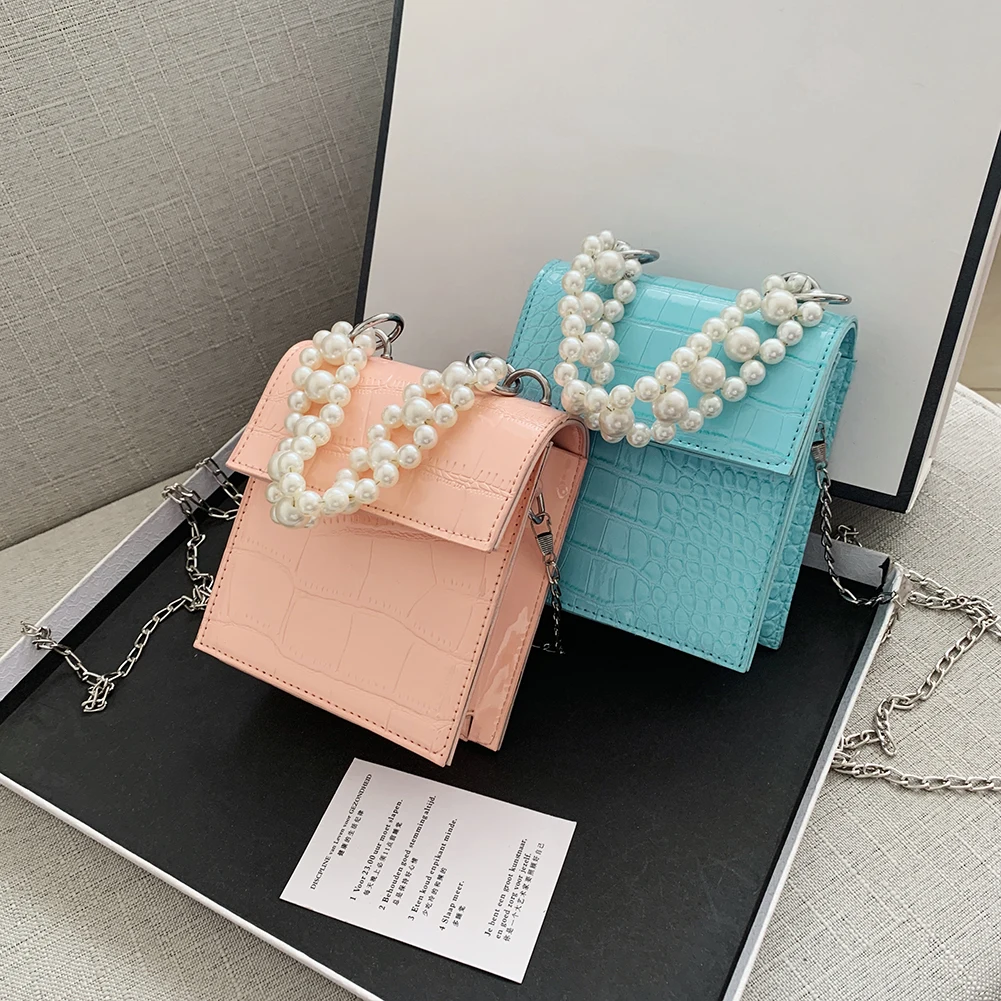 

Pearl Chain Luxury Designer Handbags for Women PU Solid Color Alligator Pattern Shoulder Crossbody Bag Ladies Shopper Flap Purse