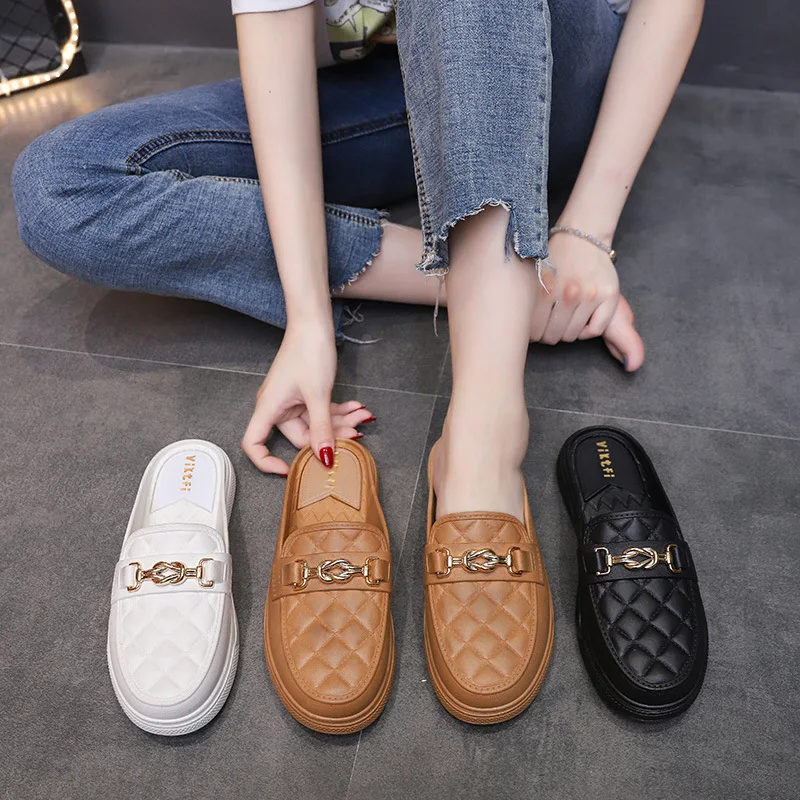 

Brand Design Gold Chain Women Slipper Closed Toe Slip On Mules Shoes Round Toe Low Heels Casual Slides Flip Flop 2022 New