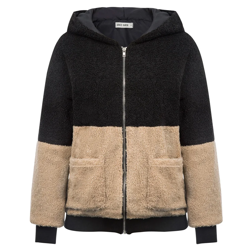 Женское пальто из флиса с капюшоном контрастного цвета зимнее теплое верхняя