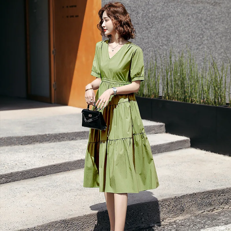 

White Cotton Puff Sleeve Dress Woman Summer Midi Dress Short Sleeve Cascading Ruffles Blouses Dress