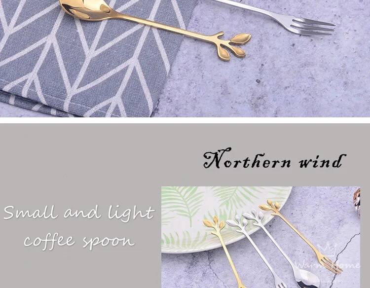 Golden Silver Leaf Spoon Stainless Steel Coffee Spoon Coffee Mixing Spoon Northern Europe Custom Gift Creative Branch Spoon