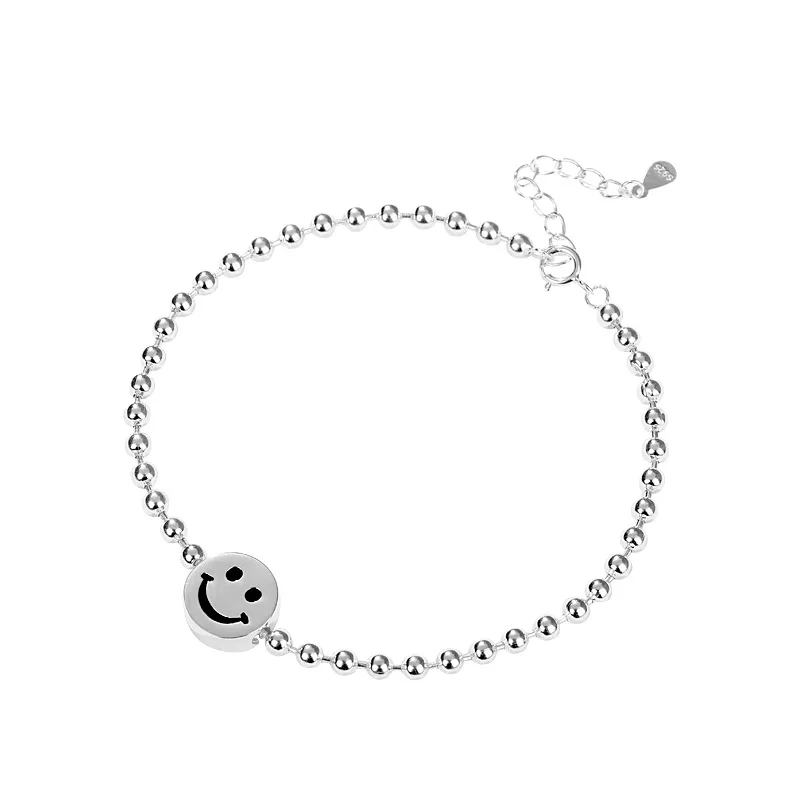 

925 Silver Smiley pendant Round Beads Bracelet Bijoux Minimalism Bangles Vintage Bohemian Joyas Silver Women Bangles