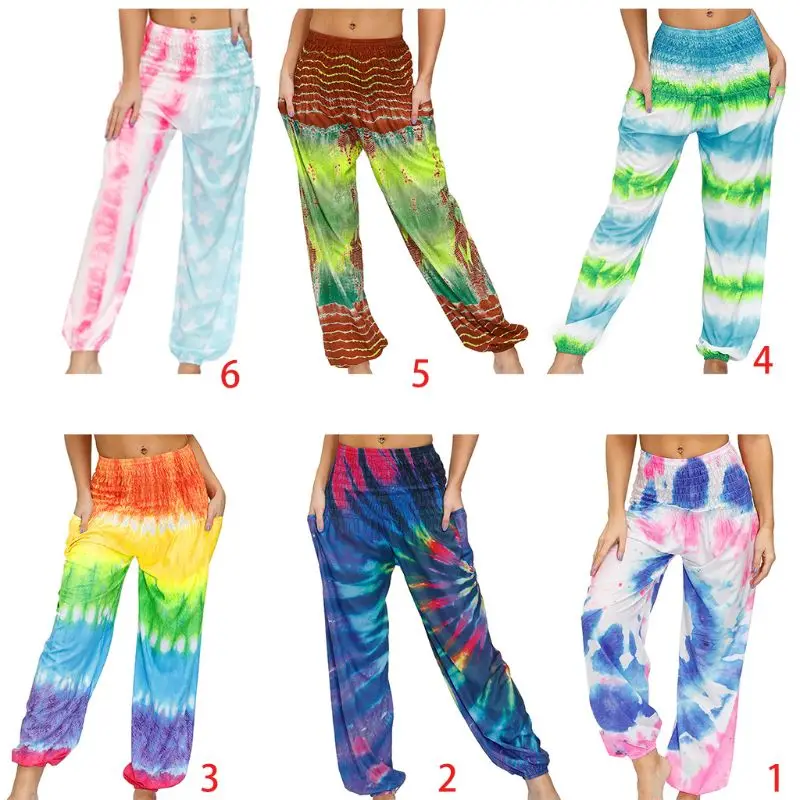 

Women Smocked Waist Hippie Yoga Pants Boho Tie-Dye Palazzo Loose Harem Trousers K1KD