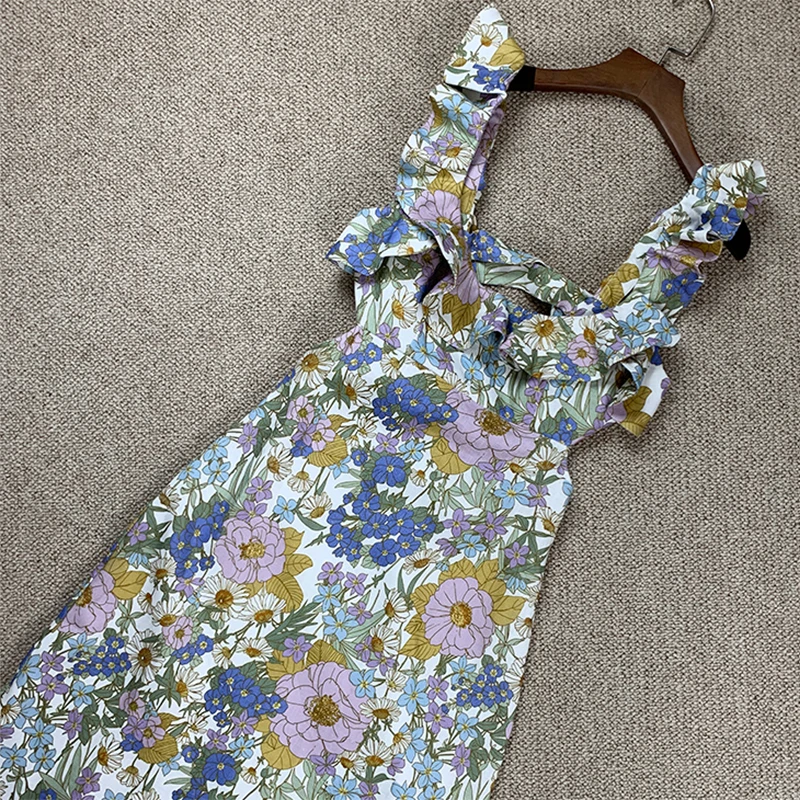 Sexy Vacation Square Collar Ruffled Backless Cotton Linen Print Dress |