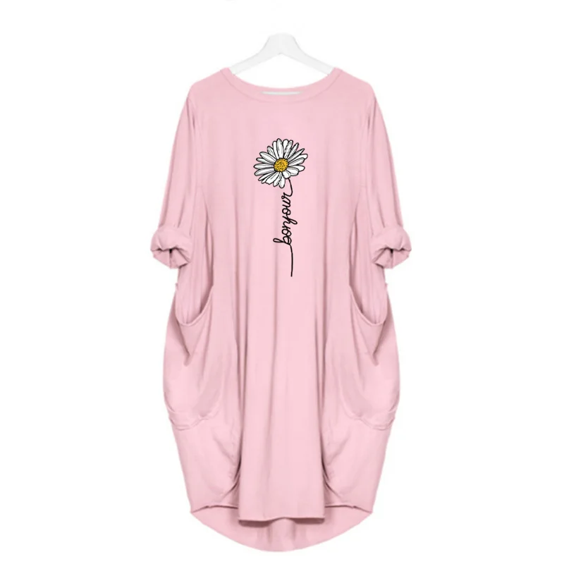 

Daisy Print Midi Dresses Women 2021 Long Sleeve Round Neck Pockets Casual Robes Vintage Party Beach Streetwear Elegant Vestidos