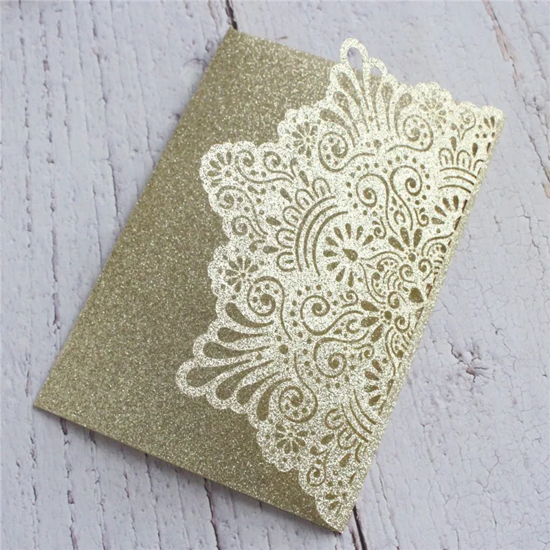 Glitter laser cut wedding invitations tri-fold pocket invitation 50pcs gold silver rose custom printing invite RSVP | Дом и сад