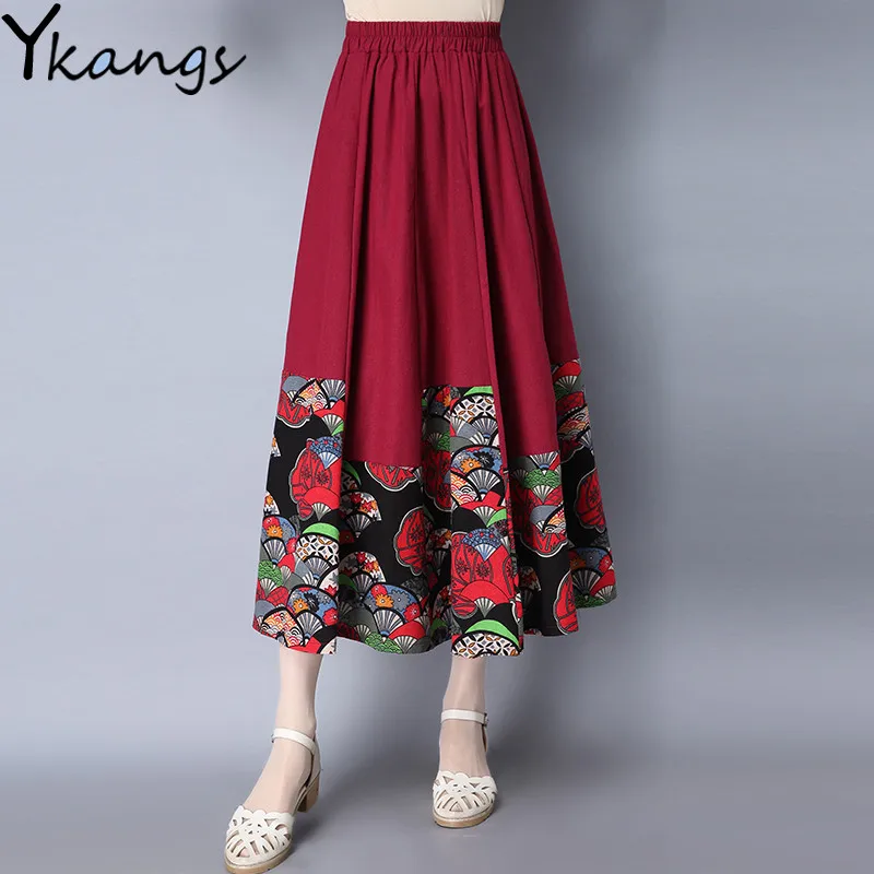Летняя хлопковая льняная Женская юбка миди в этническом стиле с высокой талией