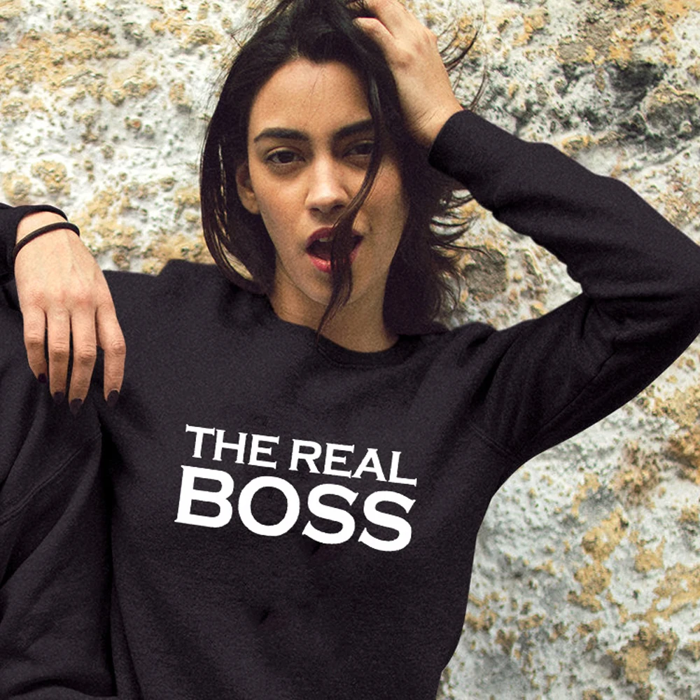the real boss-black Толстовка для пар с надписью «The Boss The Real Boss»; Повседневная осенне-зимняя одежда унисекс; хипстерский свитер; пуловер - Цвет: the real boss-black