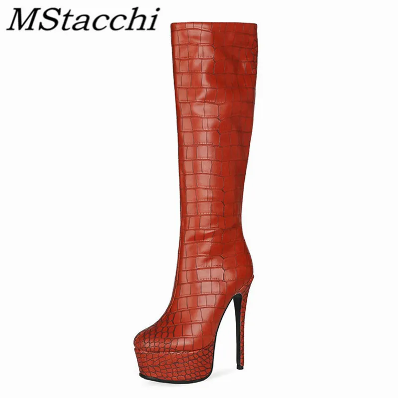

MStacchi High Heel Women Knee-length Boots Plush In Leather Stiletto Fretwork Party Shoes Solid Color Shoes Platform Botas Mujer