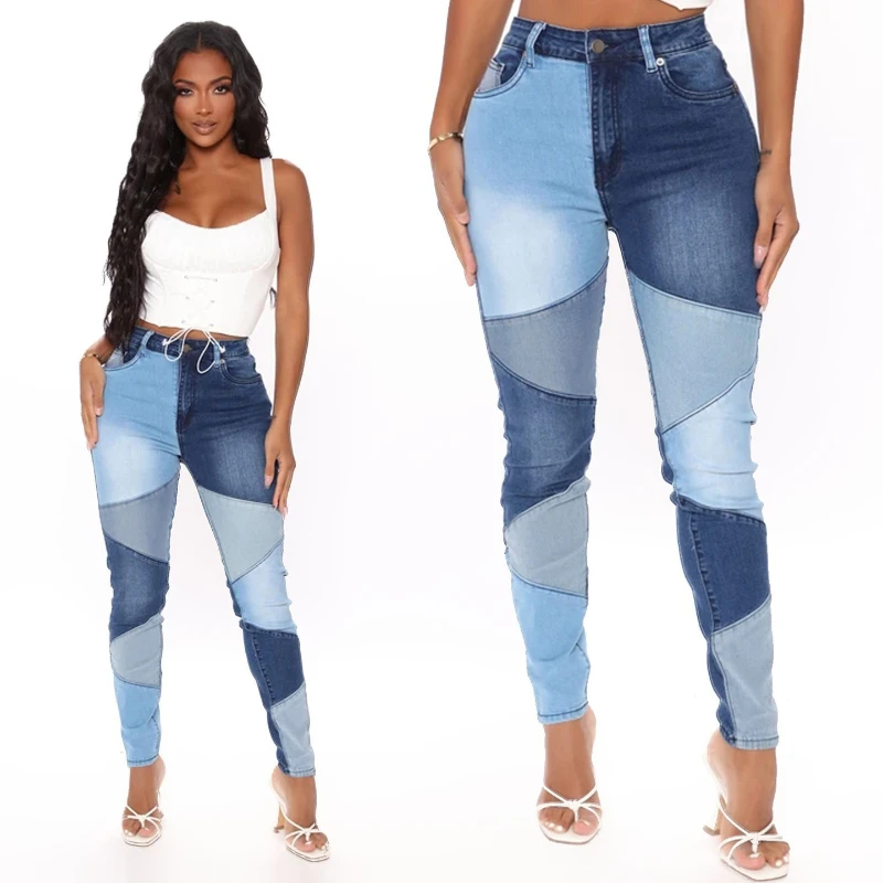 

Blue Patchwork Jeans 2021 Autumn Women Slim High Waisted Black Skinny Jeans Y2K Fashion Color Block Denim Pencil Pants Plus Size