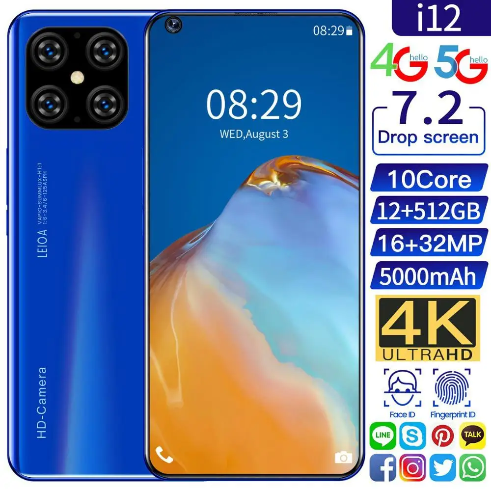 

Android 10 OS Smartphone Face Unlock Google Play Global Version 7.2" FDH i12 Mobile Phone 12GB 512GB 10Core 5000MAH 32MP Camera